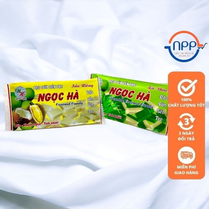 Kẹo Dừa Bến Tre Vị Lá Dứa, Sầu Riêng hiệu Ngọc Hà, gói 250g