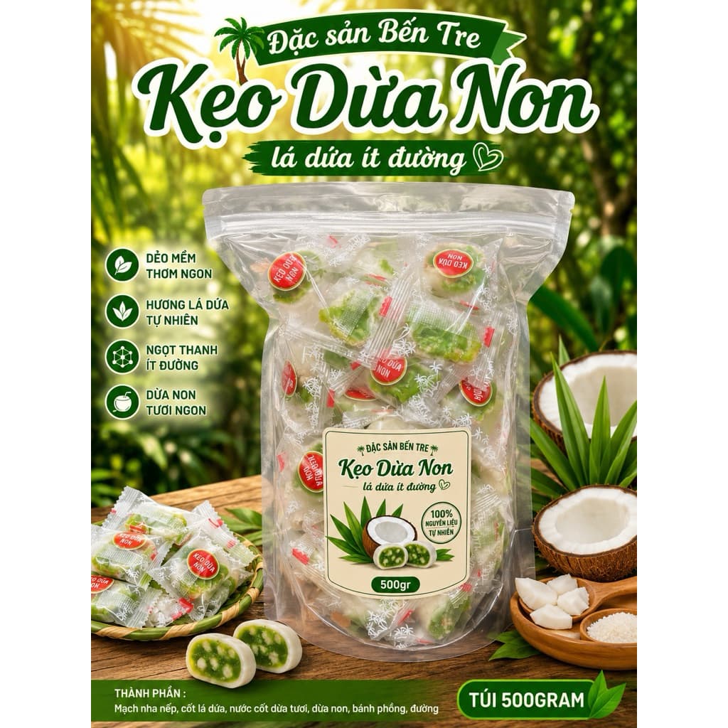 Kẹo dừa non lá dứa ít đường, Bến Tre