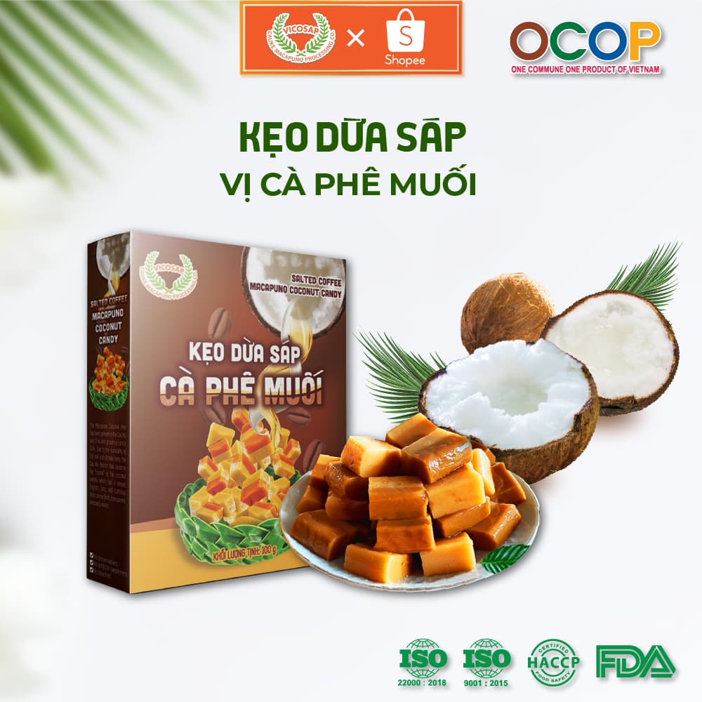 Kẹo dừa sáp Vicosap vị sầu riêng, ít đường, đặc sản Trà Vinh, hộp 100g