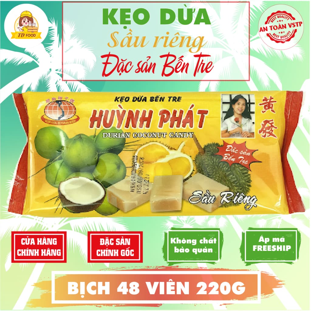Kẹo Dừa Sầu Riêng Huỳnh Phát Gói Lớn 220 Gram, đặc sản Bến Tre