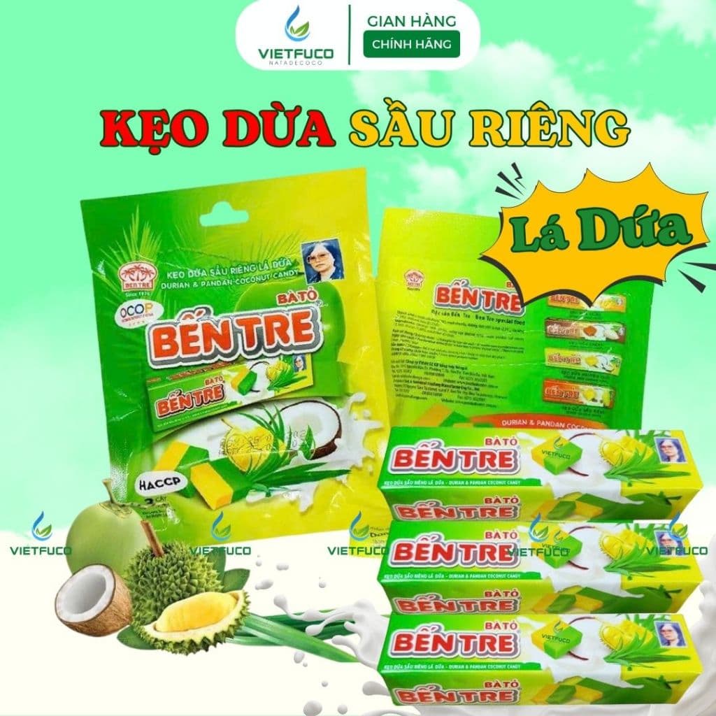 Túi 3 Thanh Kẹo dừa Bến Tre Hai Tỏ vị Sầu Riêng Lá Dứa (3 thanh x 150g)