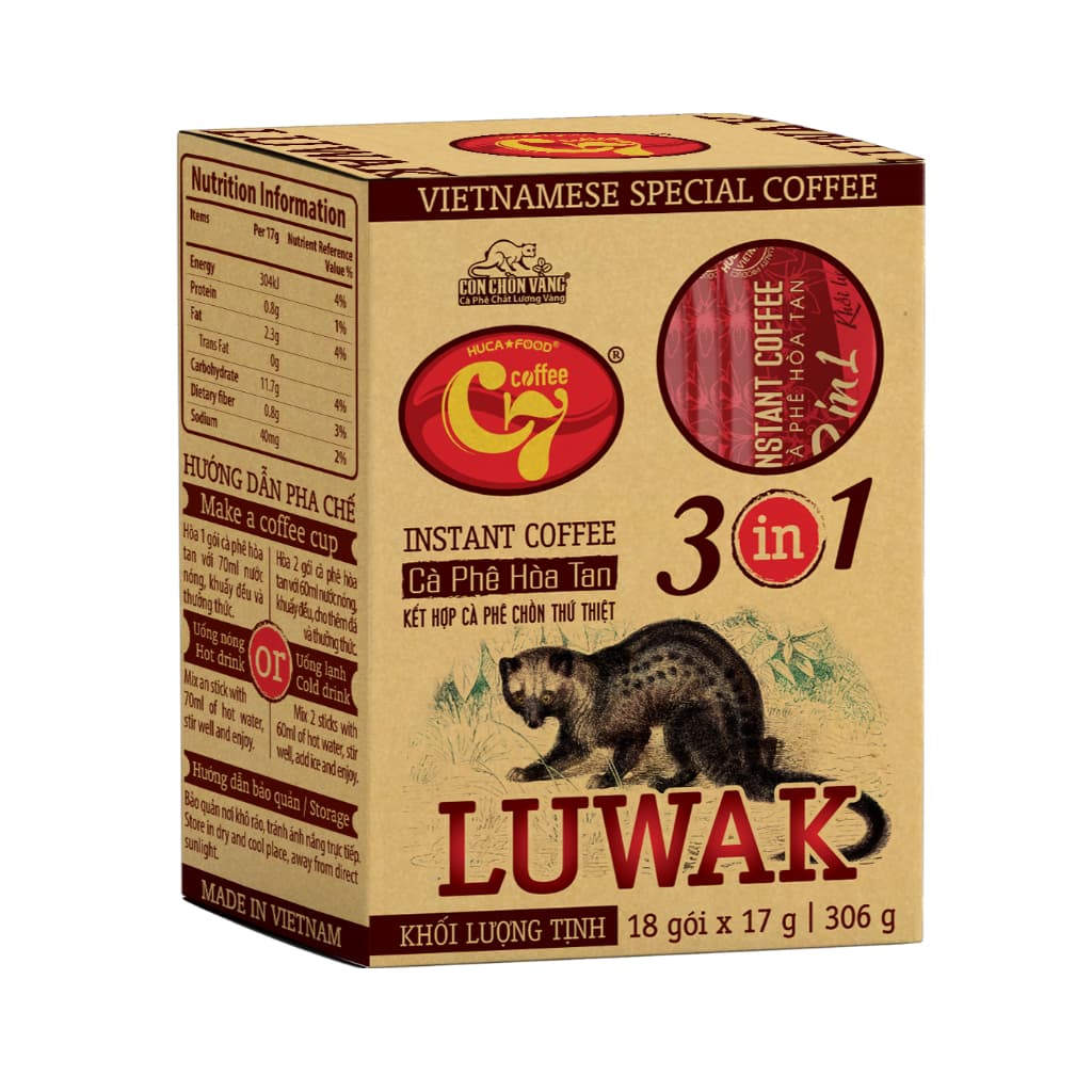 Кофе 3-в-1 Luwak Con Chồn Vàng C7, прозрачная коробка, 18 стиков