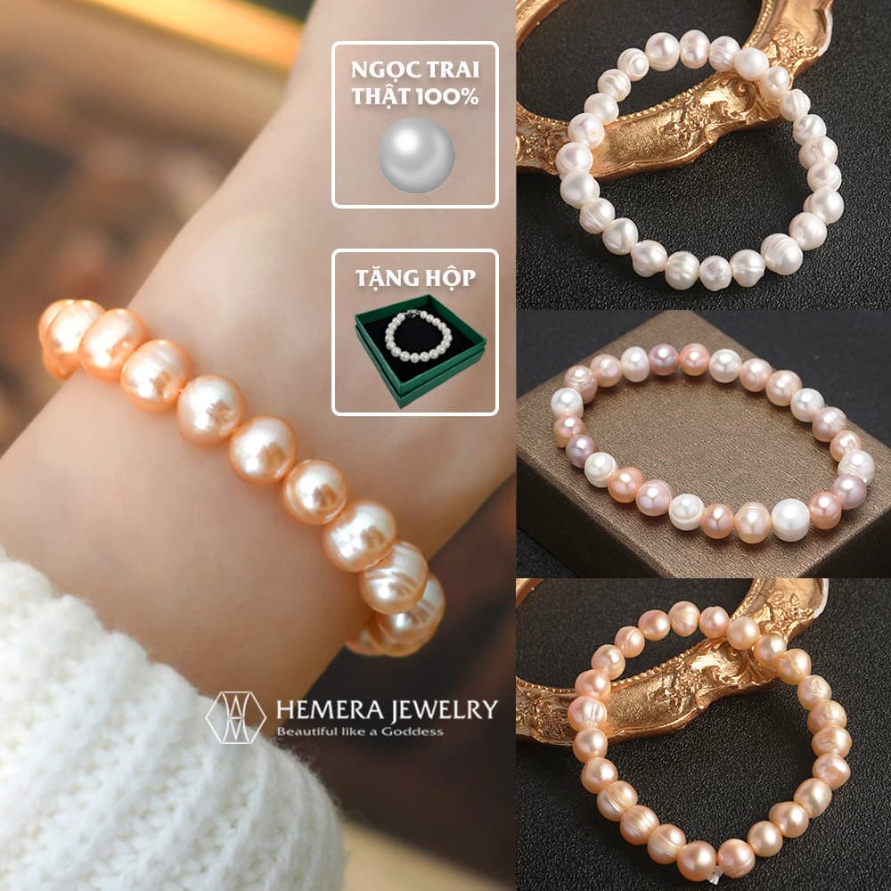 Vòng tay Hemera chuỗi hạt trai nước ngọt thật gần tròn mix nhiều màu