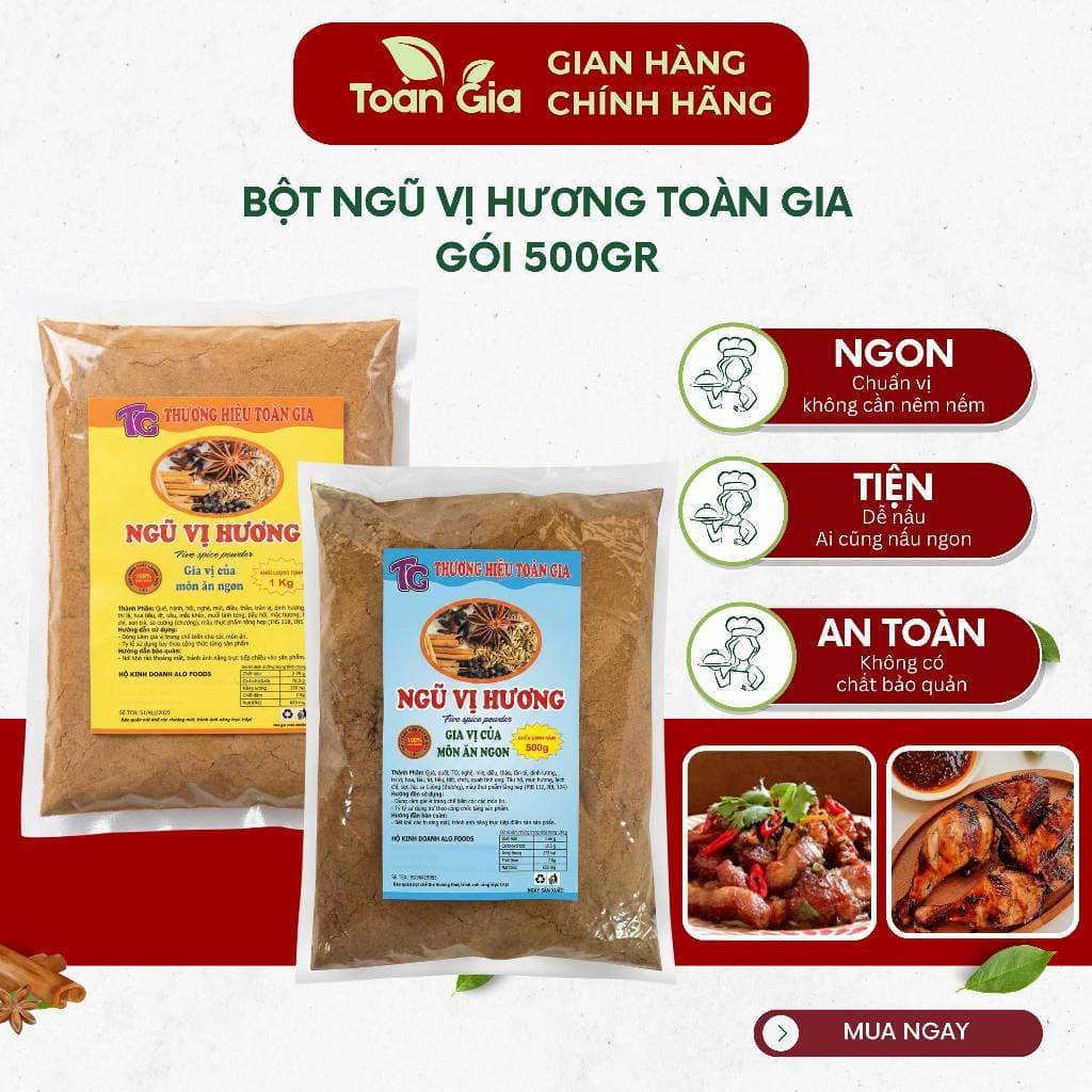 Bột ngũ vị hương Toàn Gia gói 500g, gia vị ướp thịt quay, nướng, kho