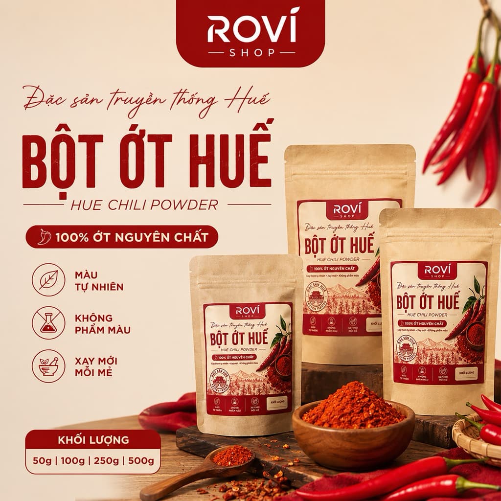 Ớt Bột Huế Nguyên Chất 100% - Đặc Sản Huế Xay Mới, Không Phẩm Màu